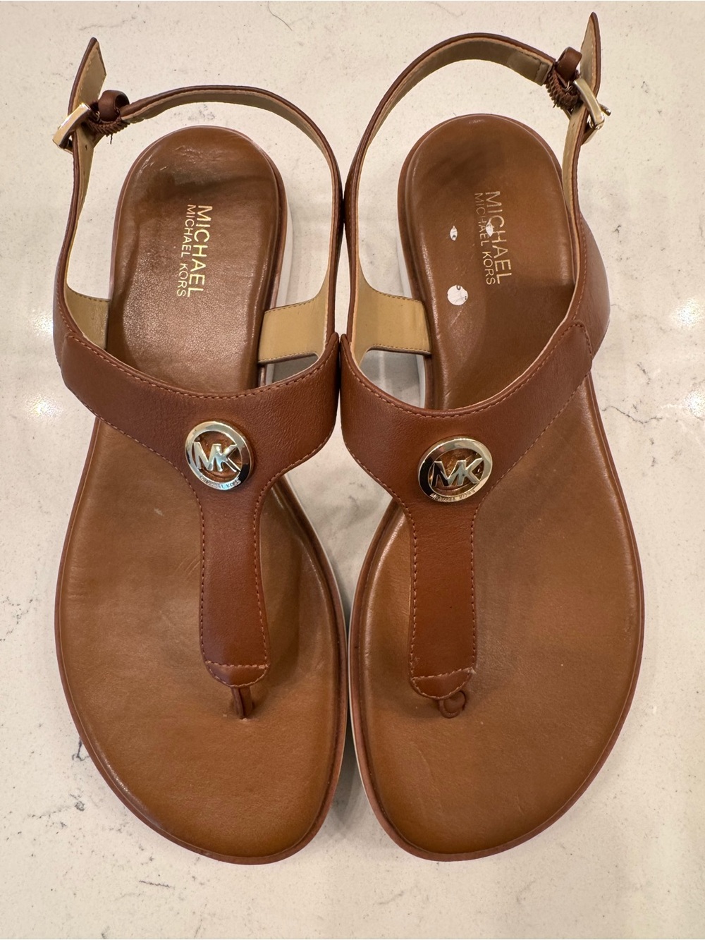 Michael Kors Cognac Leather Thong Sandals with Gold MK Medallion